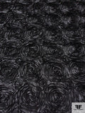 3D Ribbon Work Peonies on Polyester Charmeuse - Black