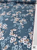 Floral Printed Polyester Charmeuse - Dusty Blue / Purple / Tan / White