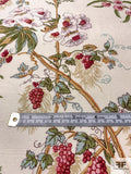 Floral and Leaf Stems Printed Silk Shantung, - Pear Green / Tan / Cranberry / Light Ivory