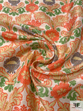 Regal Floral Printed Silk Shantung - Orange / Green / Turmeric / Dark Periwinkle