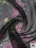 Marchesa Leaf and Floral Printed Silk Organza - Black / Green / Dark Fuchsia