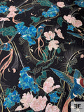 Marchesa Birds and Floral Printed Fine Silk Twill - Jet Black / Teal / Coral / Blush