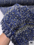 Italian Windowpane Wool Blend Jacket Weight Boucle Tweed - Royal Blue / Grey / Black