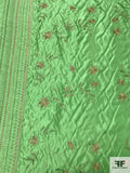 Floral and Double Bordered Metallic Embroidery on Heavy Silk Habotai - Green / Gold
