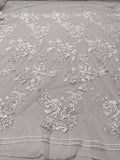 Marchesa Fine Embroidered Bridal Tulle with Pearls, Sequins, Bugle Beads and 3D Floral Sequins - Off-White