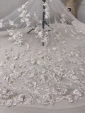 Marchesa Fine Embroidered Bridal Tulle with Metallic Threadwork, Clear Sequins, Caviar Beads, Bugle Beads and 3D Floral Petals - Off-White / Light Silver