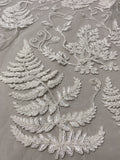 Marchesa Fern Leaf Fine Embroidered and Corded Tulle - Off-White
