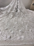Marchesa Double-Scalloped Fine Lace with 3D Tulle Flowers, Hanging Sequins, Pearls and Bugle Beads - White