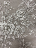 Marchesa Floral Bouquets Embroidered Silk Organza with Metallic Threadwork - Off-White / Light Silver