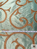 Bold Ornate Vines Embroidered Silk Shantung - Pearly Seafom / Copper