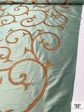 Bold Ornate Vines Embroidered Silk Shantung - Pearly Seafom / Copper