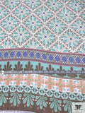 Multi-Pattern Printed Silk Chiffon Panel - Aqua / Brown / Violet / Ochre / Pink