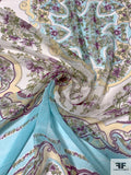 Persian Rug Inspired Printed Silk Chiffon Panel - Cool Blue / Purple / Butter Yellow / Olive