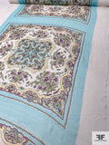 Persian Rug Inspired Printed Silk Chiffon Panel - Cool Blue / Purple / Butter Yellow / Olive