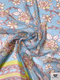 Floral Printed Crinkled Silk Chiffon Panel - Sky Blue / White / Red / Lime