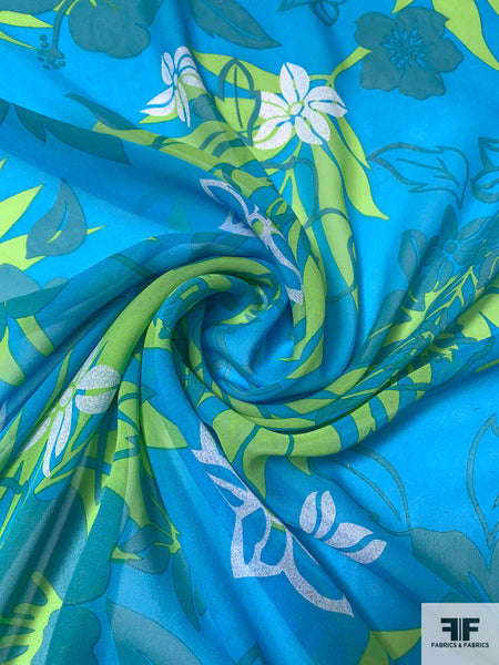 Teal Lagoon & Turquoise Splash Leaf Motif with Striped Scallop-Edge Print Fabric