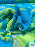 Tropical Leaf and Floral Printed Silk Chiffon - Turquoise / Lime Green / Teal / Off-White
