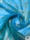 Exotic Floral Printed Crinkled Silk Chiffon Panel - Deep Turquoise / Deep Green / Off-White