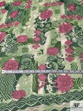 Collage and Floral Printed Crinkled Silk Chiffon Panel - Shades of Green / Pinks