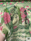 Collage and Floral Printed Crinkled Silk Chiffon Panel - Shades of Green / Pinks