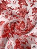 Floral Printed Silk Chiffon - Coral / Red / Off-White