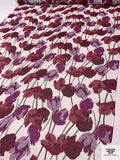 Painterly Floral Printed Crinkled Silk Chiffon - Wine / Boysenberry / Pear Green / Off-White