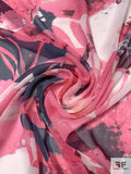 Painterly Abstract Floral Printed Silk Chiffon - Pink / Navy / Off-White