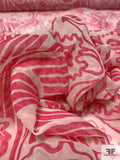 Jungle Leaf Inspired Printed Silk Chiffon Panel - Bright Pink / Ivory-Sand