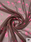 Tender Floral Printed Crinkled Silk Chiffon - Brown / Hot Pink / Black