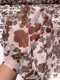 Floral Silhouette and Border Pattern Printed Slightly Crinkled Silk Chiffon - Brown / Off-White