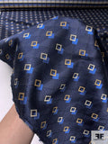 Art Deco Geometric Silk Necktie Jacquard Brocade - Navy / Blue / Turmeric / Champagne
