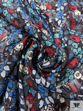 Anna Sui Fruits Printed Textured Clip Metallic Silk Chiffon - Cherry Red / Blue / Dusty Turquoise / Black
