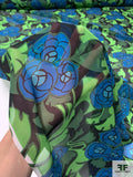 Dramatic Floral Printed Silk Chiffon - Green / Blue / Black