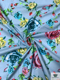 Italian Floral Printed Stretch Cotton Lawn - Sky Blue / Green / Teal / Yellow / Pink
