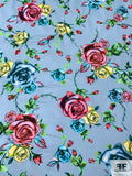 Italian Floral Printed Stretch Cotton Lawn - Sky Blue / Green / Teal / Yellow / Pink
