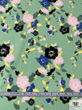 Italian Lela Rose Floral Graphic Printed Cotton Lawn - Tea Green / Light Pink / Yellow / Black / Blue