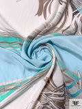Exotic Double-Border Pattern Printed Silk Crepe de Chine - Sky Blue / Turquoise / Taupe / Off-White