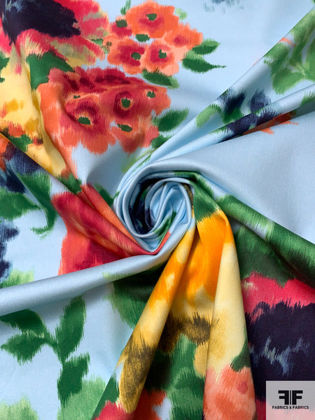 Pre-Cut Satin Floral Print Fabric By Yard | Ready To Ship | Sky Blue Posey