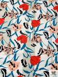 Italian Luscious Floral Printed Heavy Cotton Sateen - Teal / Peach / Red / Black / Off-White