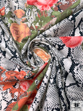 Snakeskin and Floral Bouquets Printed Stretch Fine Cotton Twill - Navy / Light Ivory / Coral / Leaf Green