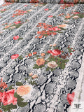 Snakeskin and Floral Bouquets Printed Stretch Fine Cotton Twill - Navy / Light Ivory / Coral / Leaf Green