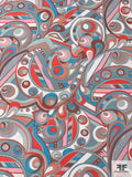 Pucci-esque Paisley Printed Stretch Jersey Knit - Deep Coral / Blues / Browns / Pink