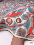 Pucci-esque Paisley Printed Stretch Jersey Knit - Deep Coral / Blues / Browns / Pink