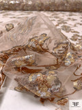 J Mendel Floral Pattern Fine Embroidered Tulle with Sequins - Light Taupe / Browns