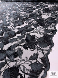 Wintery Leaf Embroidered and Flocked Tulle with Sequins and Stones - Grey / Black