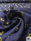 Italian Laser-Cut Floral Printed Cotton Voile - Navy / Yellow