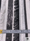 Vertical Striped Sequins and Fringe Stitched on Tulle - Black / Off-White
