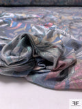 Italian Leaf Foil Printed Stretch Rayon Jersey Knit - Grey / Yellow / Pink / Seafoam