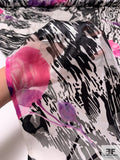 Exotic Watercolor Floral Printed Burnout Silk Chiffon - Berry Pink / Purple / Black / Off-White