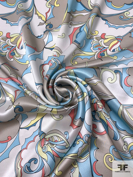 Pucci-esque Paisley-Like Printed Silk Charmeuse - Sky Blue/Coral